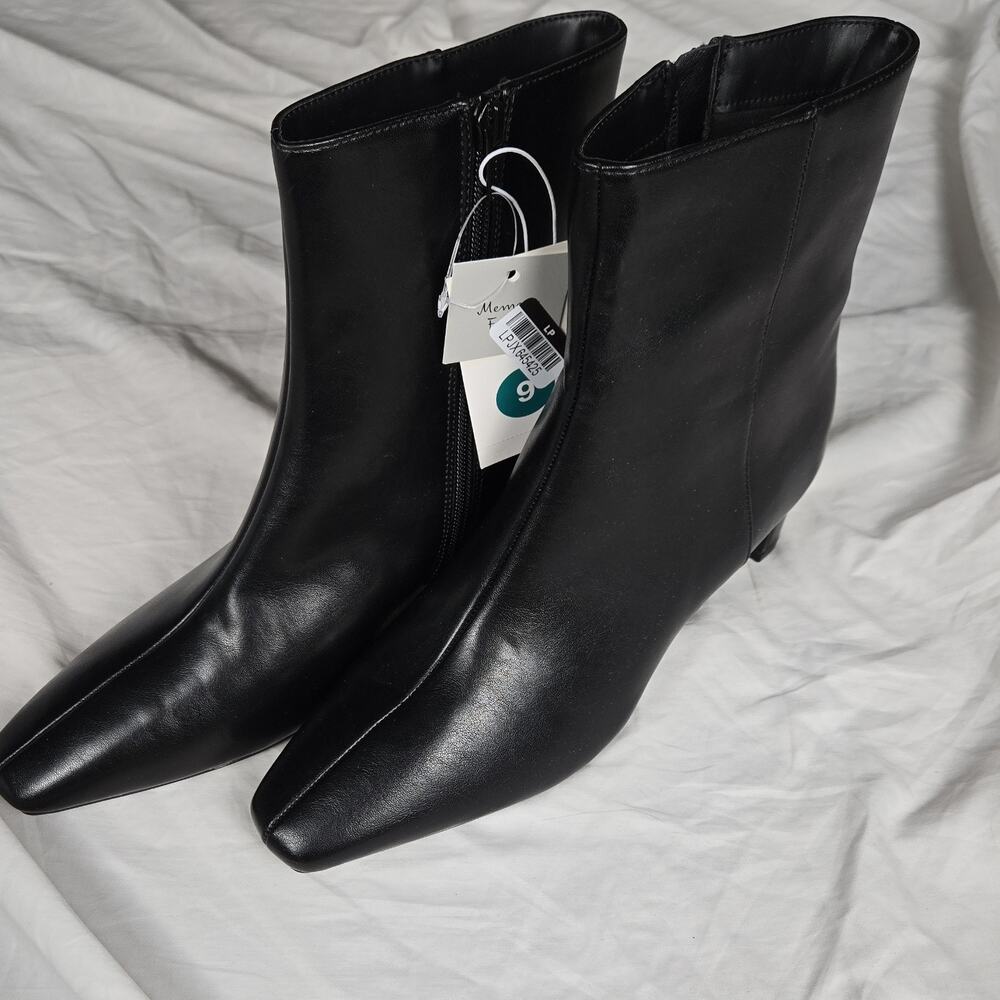 #64 A New Day Square Toe Heel Bootie Zip Memory Foam Black Synthetic Women's 9